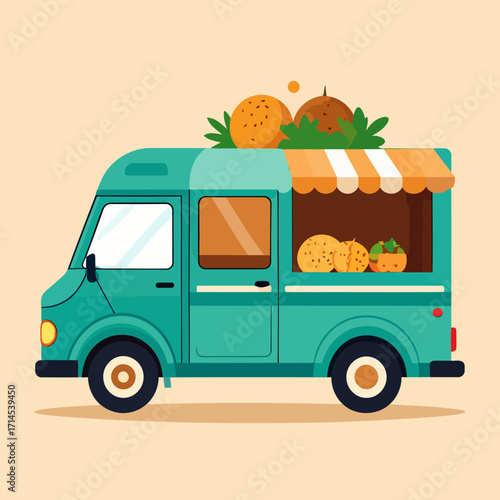 Colorful food truck selling fresh fruits and produce.