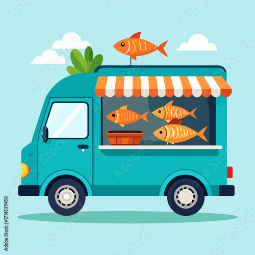 Colorful fish food truck with awning and fish decorations.