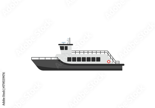 A side view of a grey ferry boat with windows  a red life preserver floats on a white background