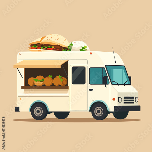 Illustration of a food truck with pumpkins and a sandwich on top.