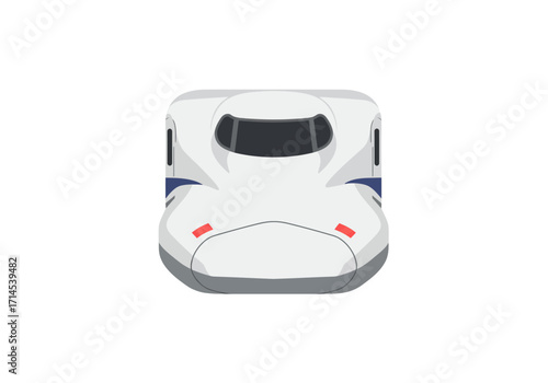 A simplified white bullet train front view with a dark window and red lights on the front