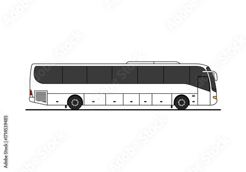 A side view of a white bus with tinted windows