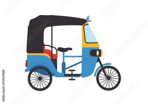 A threewheeled auto rickshaw with a black canopy and blue and yellow body