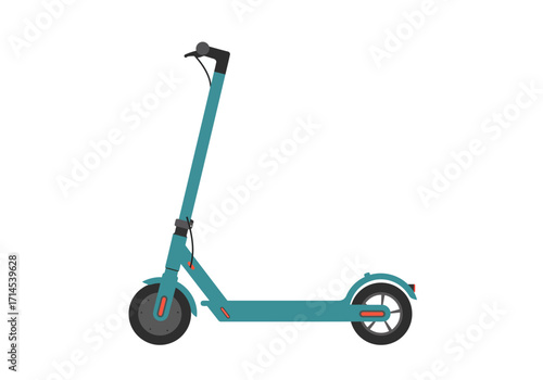 A teal electric scooter stands alone on a white background