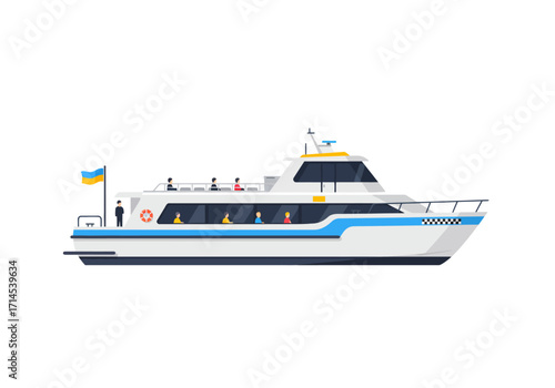 A vector image depicts a white passenger ferry with a Ukrainian flag and several passengers