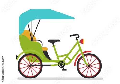 A vector illustration of a green and red trishaw or cycle rickshaw with a light blue canopy