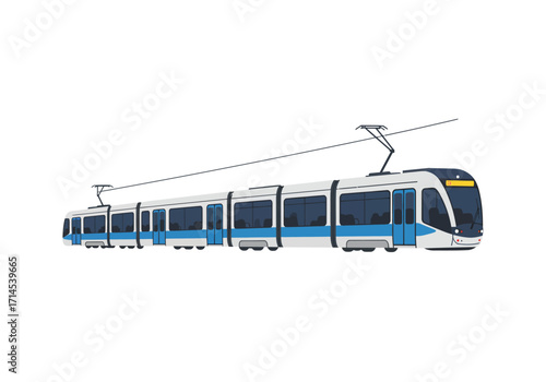 A white and blue tram train with an overhead power line on a plain white background
