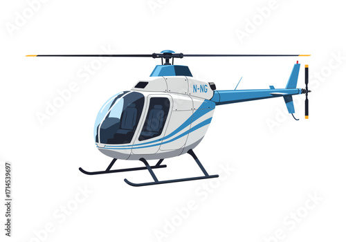 A white  blue helicopter with spinning blades sitting on landing skids