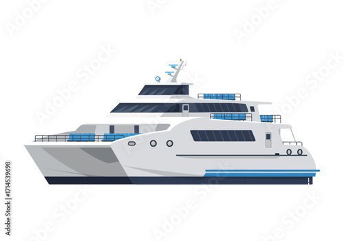 A white catamaran yacht with several decks and a top antenna