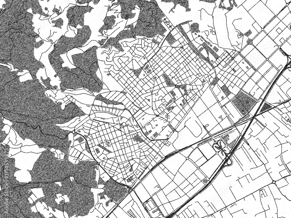 Obraz premium Black and white illustrated map of Viladecans, Spain, with streets, rivers, and neighborhoods.
