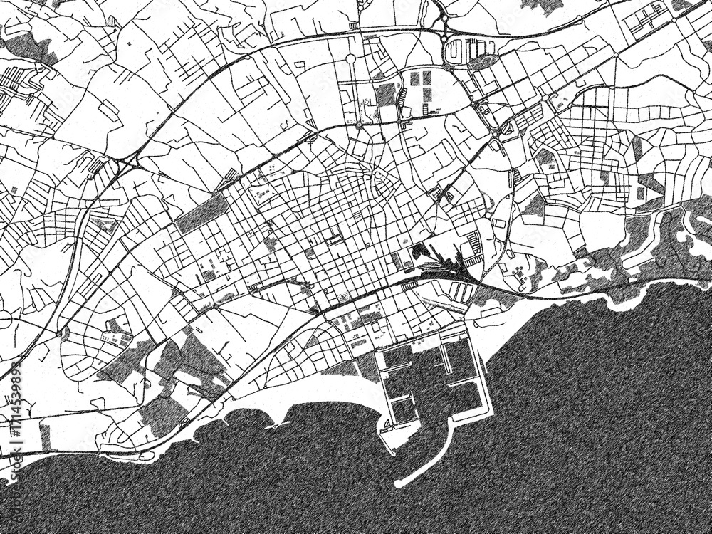 Fototapeta premium Black and white map poster of Vilanova i la Geltru, Spain, illustrated in hand-drawn style.