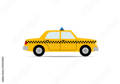 A yellow cartoon taxi cab sporting a black checkerboard pattern is shown in profile against a white background