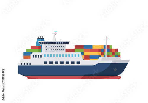 An illustrated cargo ship sails loaded with colorful shipping containers