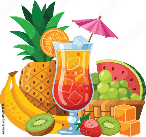 Tropical fruit juice cocktail with fresh fruits in glass