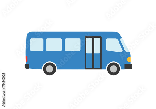 Blue bus graphic side view two doors lightblue windows black tires white background
