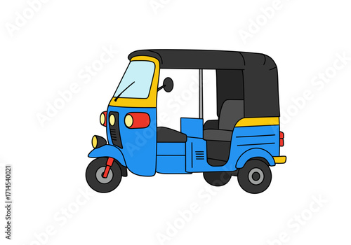 Cartoon auto rickshaw blue with black canopy and yellow trim on white