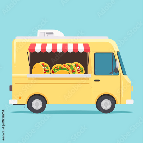 yellow food truck selling tacos.