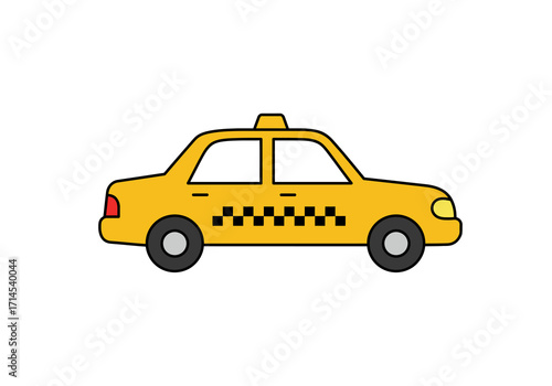 Cartoon yellow taxi with black checkered stripe  black outlined details
