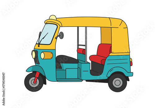 Cartoon of a blue  yellow auto rickshaw tuktuk a common urban transport vehicle