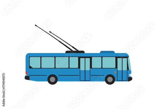Blue trolleybus with overhead wires positioned on a white backdrop