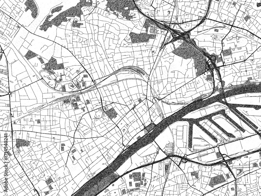 Naklejka premium Illustrated city map of Argenteuil, France, in black and white, showing roads and textures.
