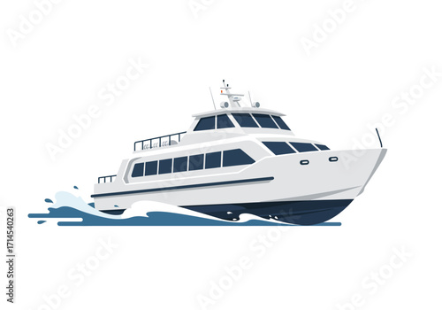 Illustration of a motor yacht at sea with a prominent wave near the hull