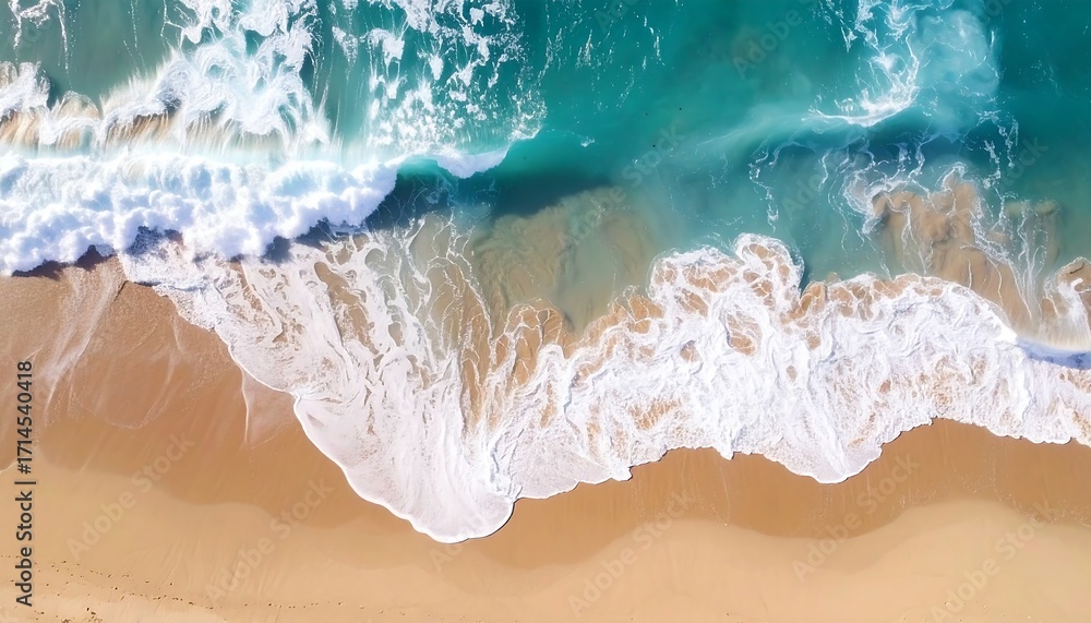 Obraz premium Aerial view of a beach with turquoise water crashing onto golden sand, creating foamy white waves