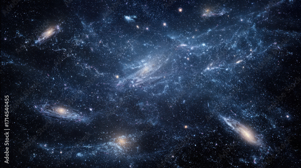 Naklejka premium Expansive night sky filled with colorful galaxies, stars, and deep space elements creating a vibrant cosmic landscape, illustrating the wonders of the universe and astronomy.