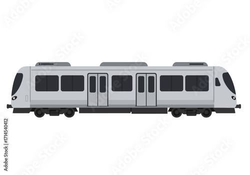 Side view of a gray modern commuter train with darkened windows  four doors