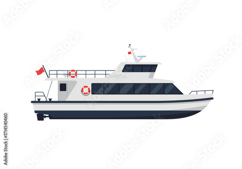 White and blue ferry with windows rails life preservers flag and small superstructure on a white background