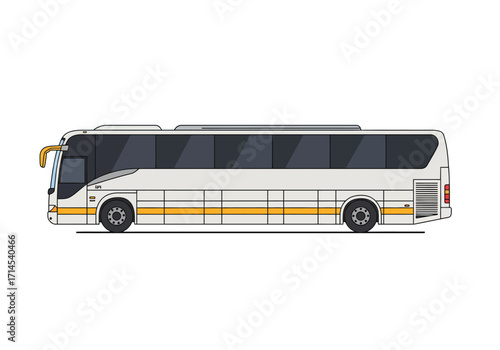 Side view of a white and grey passenger bus with yellow accents