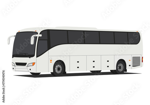 White bus with black windows and tires parked on a white background
