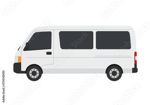White van profile two darkened windows side door and details like black bumpers and orange front light