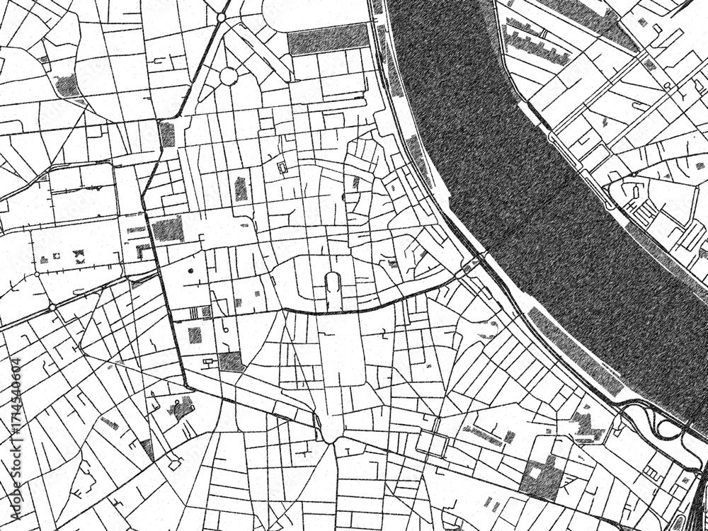 Naklejka premium Urban black and white map of Bordeaux Centre, France, designed in a sketch style for prints.