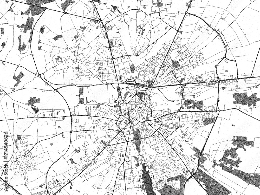 Fototapeta premium Stylized black and white urban map of Bourges, France, hand-drawn for decor and creative use.