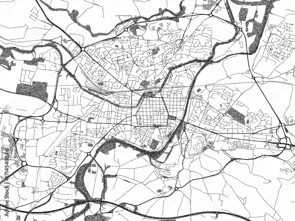 Obraz premium Monochrome sketch map of Carcassonne, France, ideal for posters, prints, and travel design.