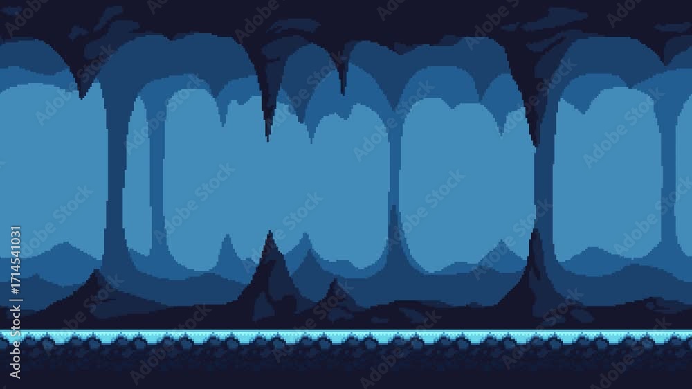 Looped pixel art animation of a frozen cave with stalactites and ...