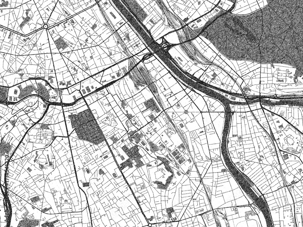 Naklejka premium Detailed artistic sketch map of Ivry-sur-Seine, France, in monochrome black and white.