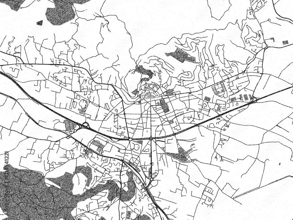 Naklejka premium Decorative black and white map of Hyeres, France, rendered in sketch-like style.