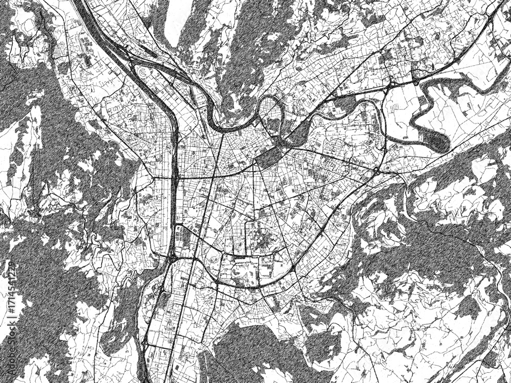 Naklejka premium Black and white map poster of Grenoble, France, illustrated in hand-drawn style.