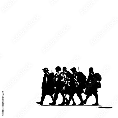 Silhouettes of Soldiers Marching in Black and White