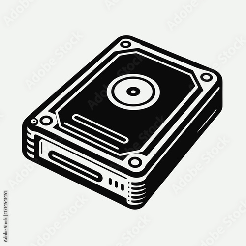 Hard disk drive in black and white vector illustration  
