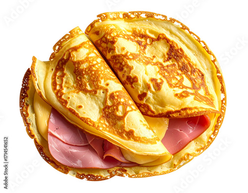Savory Crêpes Bretonne with Ham and Cheese, Top-Down View, isolated