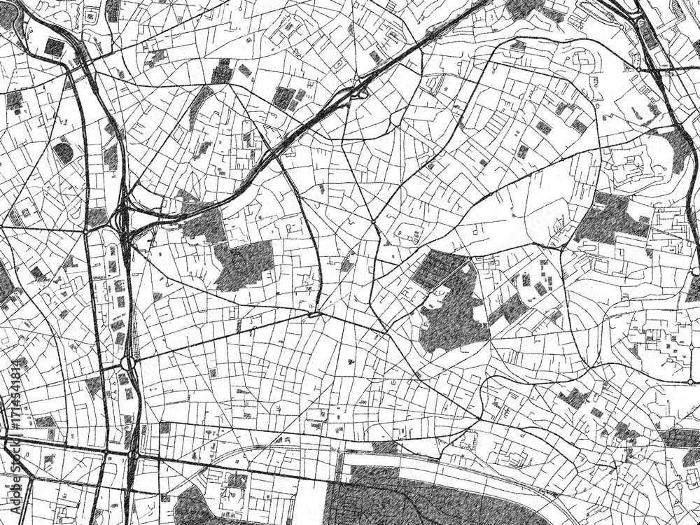 Naklejka premium Illustrated city map of Montreuil, France, in black and white, showing roads and textures.