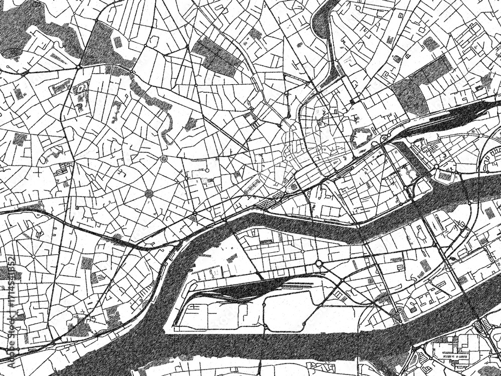 Naklejka premium Minimalist monochrome city map of Nantes Centre, France, illustrated with urban detail.