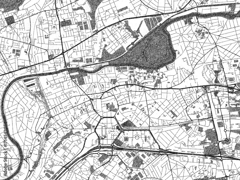Naklejka premium Sketch-style black and white map of Noisy-le-Grand, France, perfect for illustration and wall art.