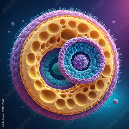 Lysosome merging with a vesicle, detailed cellular view, showcasing the process of autophagy, Scifi tone, Analogous Color Scheme, copy space for text,