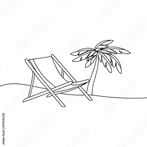 Simple line drawing of deck chair and palm tree on beach  