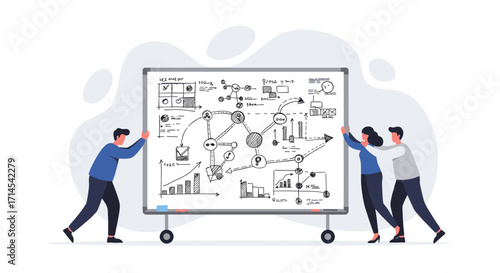Business strategy planning with teamwork analyzing data on whiteboard diagram for project success vector illustration