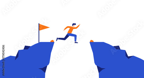 Business success and achievement concept with man jumping over gap - vector illustration